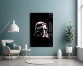 Graphic-novel knight glass wall art in home-gym above weight bench