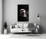 Crimson-and-silver helm cinematic glass wall art over master-bedroom headboard