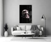 Crimson-and-silver helm cinematic glass wall art over master-bedroom headboard