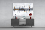 Reflected-architecture cinematic glass wall art in gallery hallway