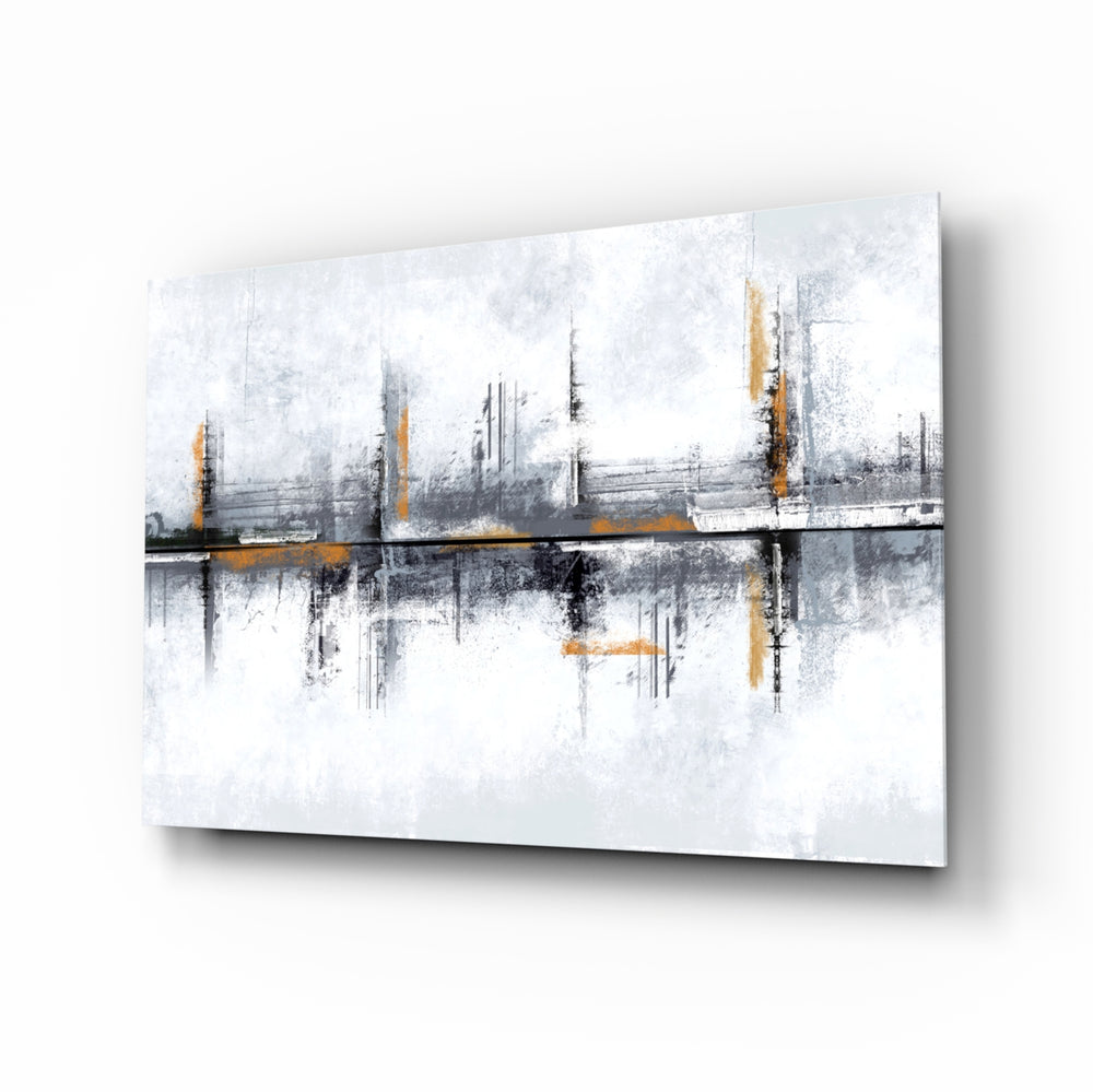 Pewter marigold mirrored skyline cinematic glass wall art above linen sofa in designer lounge