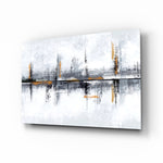 Pewter marigold mirrored skyline cinematic glass wall art above linen sofa in designer lounge