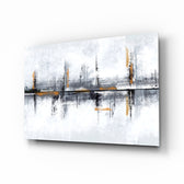 Pewter marigold mirrored skyline cinematic glass wall art above linen sofa in designer lounge