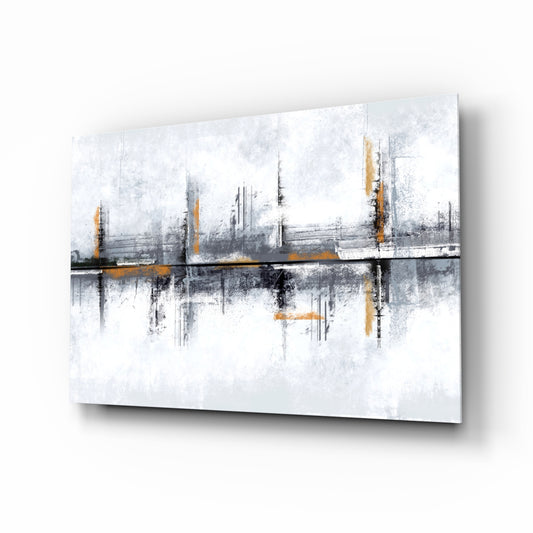 Pewter marigold mirrored skyline cinematic glass wall art above linen sofa in designer lounge
