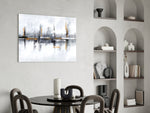 Ivory-and-pewter ghost-city glass wall art in heritage library