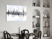 Ivory-and-pewter ghost-city glass wall art in heritage library