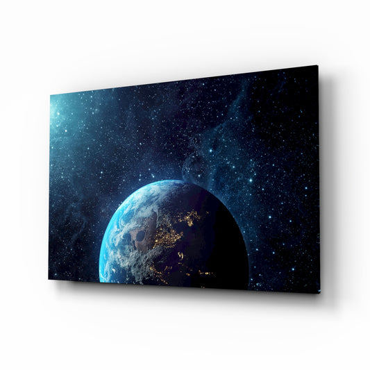 Earth city lights space cinematic glass wall art above leather sofa in study