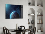 Cosmic photography cinematic glass wall art in study-themed hallway