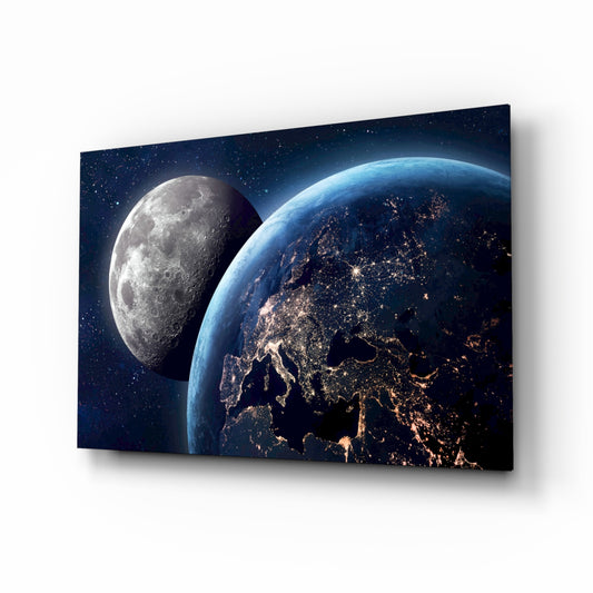 Moon over Earth space cinematic glass wall art above leather sofa in study