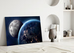 Cosmic Moon-Earth glass wall art over master-bedroom headboard