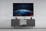 Atmospheric-curve Earth cinematic glass wall art in modern home office