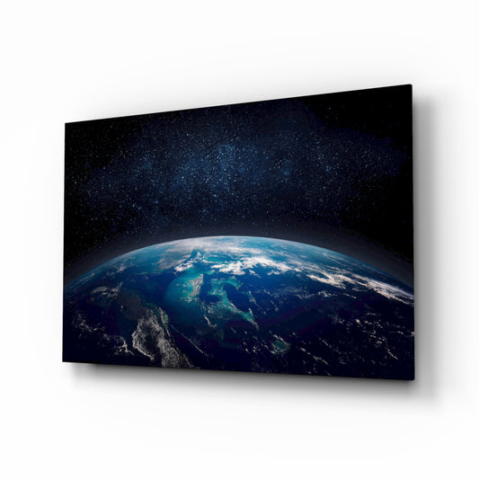 Earth horizon space cinematic glass wall art above leather sofa in study