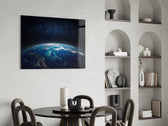 Space photography cinematic glass wall art in study-themed hallway