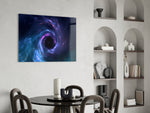 Starlit nebula vortex cinematic glass wall art in study-themed hallway