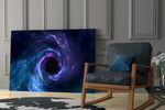 Amethyst-and-cobalt galaxy glass wall art over modern dining sideboard