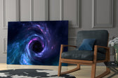 Amethyst-and-cobalt galaxy glass wall art over modern dining sideboard