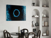 Electric-cyan portal cinematic glass wall art over master-bedroom headboard