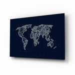 World map blueprint cinematic glass wall art above leather sofa in study