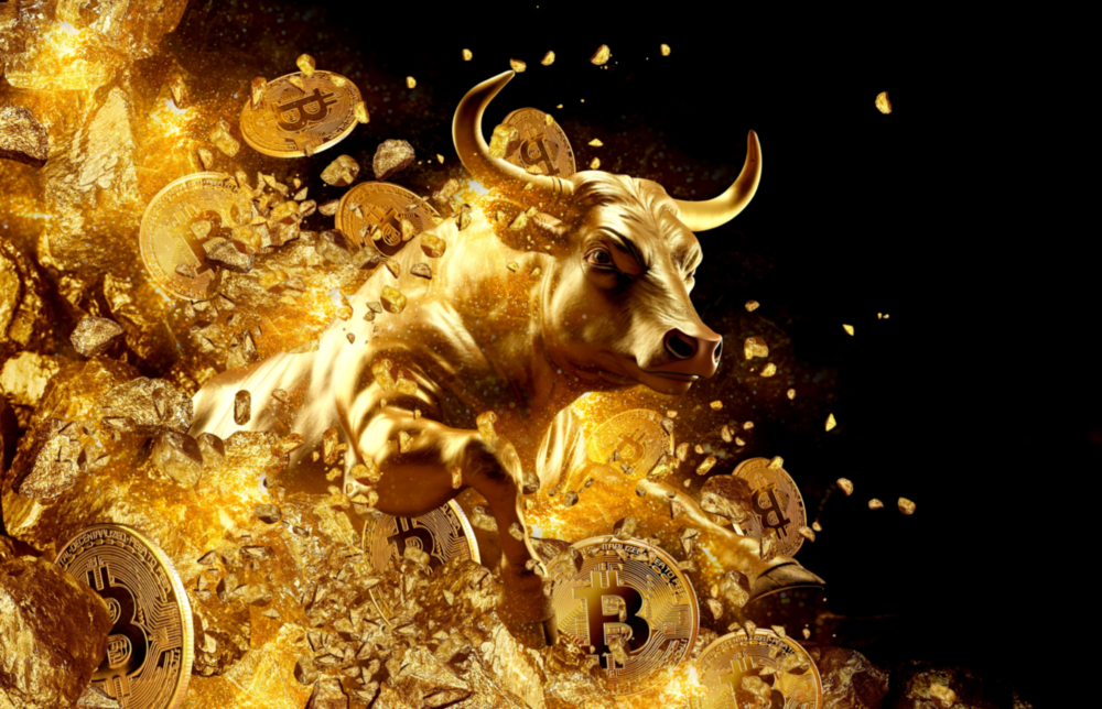 Golden Bitcoin Bull Glass Wall Art