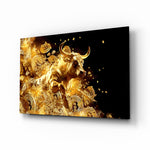 Golden Bitcoin bull cinematic glass wall art above leather sofa in trader's study