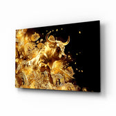 Golden Bitcoin bull cinematic glass wall art above leather sofa in trader's study