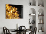 Gold-shrapnel Bitcoin glass wall art in study-themed library