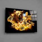 Crypto bull-vs-bear poster glass wall art over walnut desk in finance-firm office