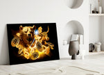 Cryptocurrency duel cinematic glass wall art over master-bedroom headboard