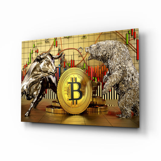 Silver bull bear Bitcoin trading cinematic glass wall art above leather sofa in trader's study