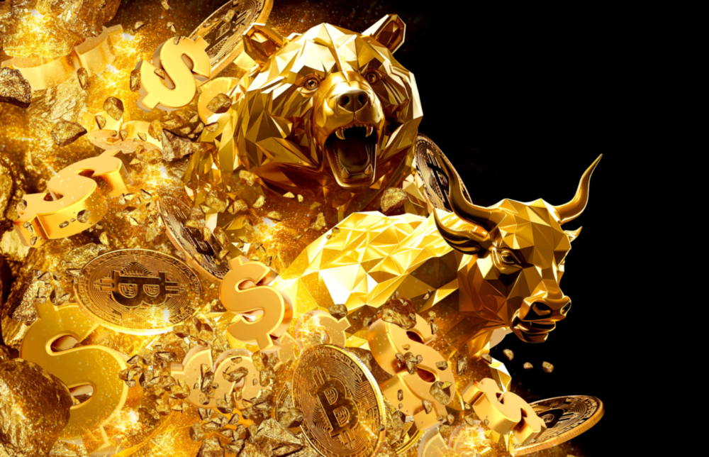 Golden Bull and Bear Glass Wall Art