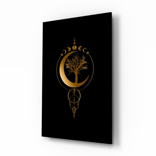 Eternal moon tree sacred-geometry cinematic glass wall art in meditation room