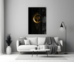 Gold-leaf crescent moon cinematic glass wall art in luxury hallway