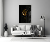 Gold-leaf crescent moon cinematic glass wall art in luxury hallway