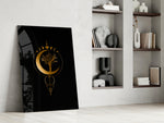 Tree-of-life vertical cinematic glass wall art over hall console