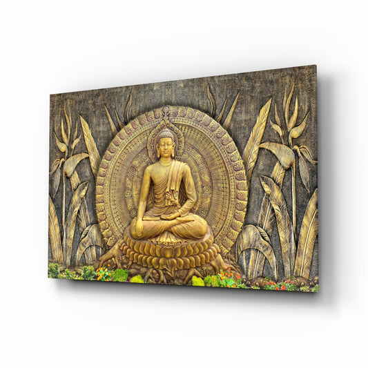 Golden Buddha relief cinematic glass wall art above meditation cushion in serene corner