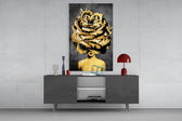 Couture muse cinematic glass wall art in fashion-house dressing room