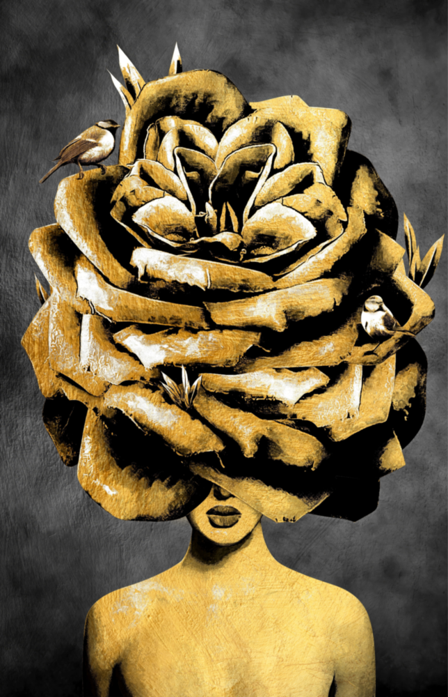 Golden Rose Head Glass Wall Art