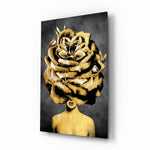 Golden rose head muse cinematic glass wall art in glamorous bedroom
