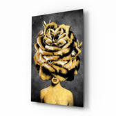 Golden rose head muse cinematic glass wall art in glamorous bedroom