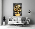 Rose-crowned woman cinematic glass wall art beside master-bedroom dressing table
