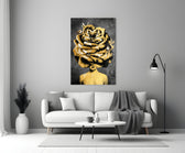 Rose-crowned woman cinematic glass wall art beside master-bedroom dressing table
