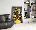 Gold-leaf surreal muse glass wall art in luxury powder-room