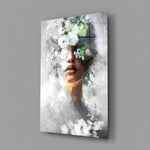Hydrangea-veil woman glass wall art in fashion-atelier entry