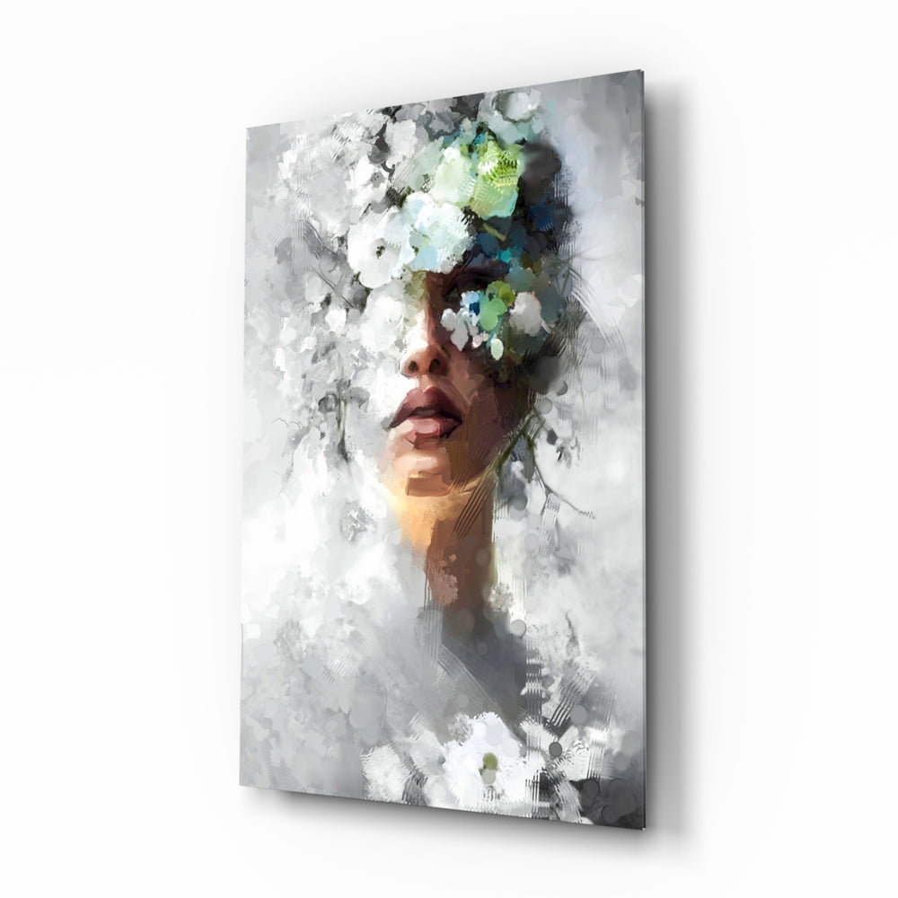 Floral portrait muse painterly cinematic glass wall art in glamorous bedroom