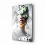 Floral portrait muse painterly cinematic glass wall art in glamorous bedroom