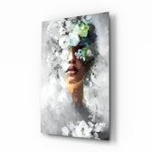 Floral portrait muse painterly cinematic glass wall art in glamorous bedroom