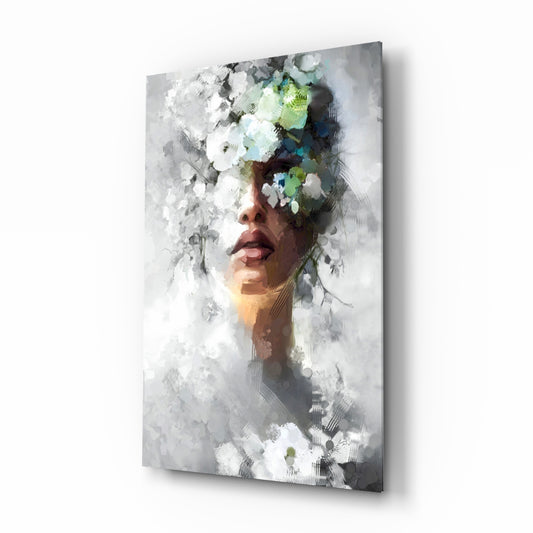 Floral portrait muse painterly cinematic glass wall art in glamorous bedroom