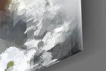 Painterly couture muse cinematic glass wall art over walnut console in designer hallway