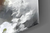 Painterly couture muse cinematic glass wall art over walnut console in designer hallway