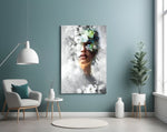 Silver-and-bloom muse cinematic glass wall art in boutique-hotel suite